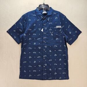 COLUMBIA MEN'S MEDIUM PFG ACTIVE FIT NAVY BLUE FISH PRINT SHORT SLEEVE VENTED